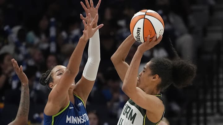 Aug 28, 2025; Minneapolis, Minnesota, USA; Seattle Storm guard Skylar Diggins (4) shoots against Minnesota Lynx forward Napheesa Collier (24) in the third quarter at Target Center. Mandatory Credit: Bruce Kluckhohn-Imagn Images Aug 28, 2025; Minneapolis, Minnesota, USA; Seattle Storm guard Skylar Diggins (4) shoots against Minnesota Lynx forward Napheesa Collier (24) in the third quarter at Target Center. Mandatory Credit: Bruce Kluckhohn-Imagn Images