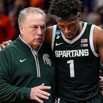 Michigan State head coach Tom Izzo talks to guard Jeremy Fears Jr. (1) after a play against Auburn during the second half of the Elite Eight round of NCAA tournament at State Farm Arena in Atlanta, Ga. on Sunday, March 30, 2025.