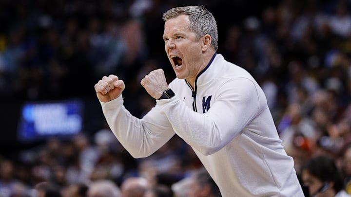March 20, 2025; Denver, CO, USA; Michigan Wolverines head coach Dusty May reacts during the first half against the UC San Diego Tritons at Ball Arena. Mandatory Credit: Isaiah J. Downing-Imagn Images