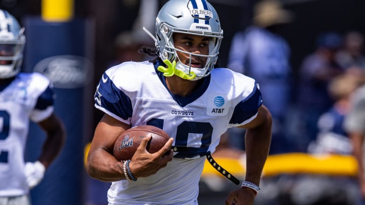 Dallas Cowboys wide receiver Jalen Tolbert (18) runs during training camp at River Ridge Playing Fields in Oxnard, California. 