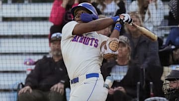 ACA hitter Eric Hines connects with a pitch during the game with Scottsboro at American Christian Academy in the AHSAA baseball playoffs.
