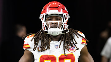 Feb 9, 2025; New Orleans, LA, USA;  Kansas City Chiefs running back Kareem Hunt (29) against the Philadelphia Eagles in Super Bowl LIX at Ceasars Superdome. Mandatory Credit: Mark J. Rebilas-Imagn Images