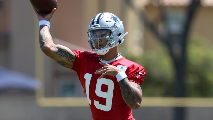 Jul 26, 2024; Oxnard, CAJul 26, 2024; Oxnard, CA, USA; Dallas Cowboys quarterback Trey Lance (19) throws during training camp at the River Ridge Playing Fields in Oxnard, California.  