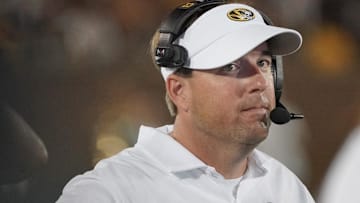 Sep 9, 2023; Columbia, Missouri, USA; Missouri Tigers head coach Eli Drinkwitz watches play against the Middle Tennessee Blue Raiders during the second half at Faurot Field at Memorial Stadium. Mandatory Credit: Denny Medley-Imagn Images