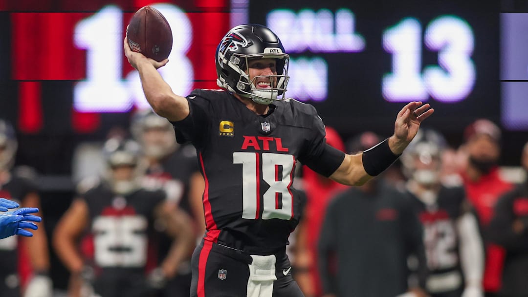 Dec 1, 2024; Atlanta, Georgia, USA; Atlanta Falcons quarterback Kirk Cousins (18) throws a pass against the Los Angeles Chargers in the fourth quarter at Mercedes-Benz Stadium. Mandatory Credit: Brett Davis-Imagn Images
