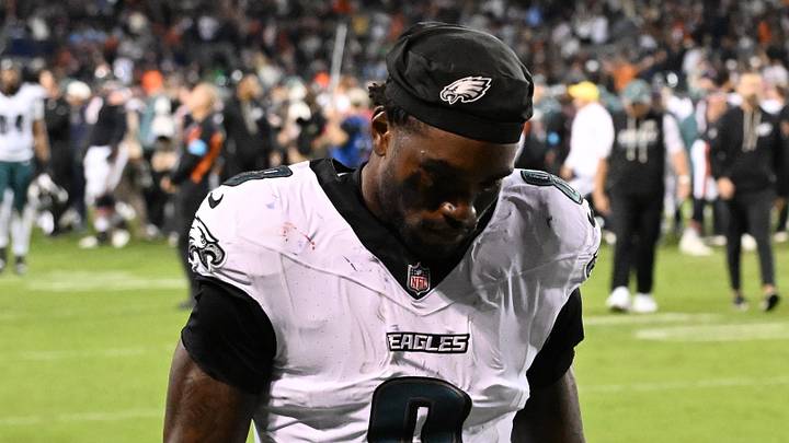 Sep 28, 2026; Chicago, Illinois, USA;  Philadelphia Eagles running back Tank Bigsby (8) leaves the field after the game against the Chicago Bears at Soldier Field.  Mandatory Credit: Matt Marton-Imagn Images