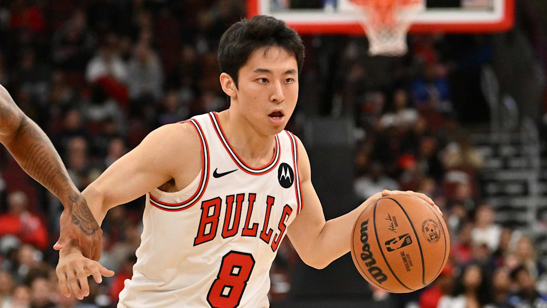 Oct 9, 2025; Chicago, Illinois, USA; Chicago Bulls guard Yuki Kawamura (8) drives the ball against Cleveland Cavaliers guard Killian Hayes (8) during the second half at United Center. Mandatory Credit: Patrick Gorski-Imagn Images Oct 9, 2025; Chicago, Illinois, USA; Chicago Bulls guard Yuki Kawamura (8) drives the ball against Cleveland Cavaliers guard Killian Hayes (8) during the second half at United Center. Mandatory Credit: Patrick Gorski-Imagn Images