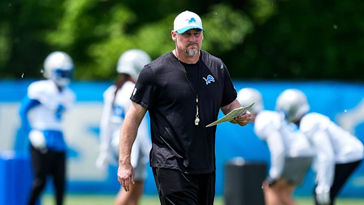 Detroit Lions head coach Dan Campbell watches practices during OTA at Meijer Performance Center in Allen Park on Friday, May 30, 2025.