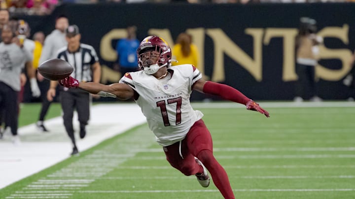 Dec 15, 2024; New Orleans, Louisiana, USA; Washington Commanders wide receiver Terry McLaurin (17) misses a catch during the second half against the New Orleans Saints at Caesars Superdome. Mandatory Credit: Matthew Hinton-Imagn Images