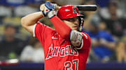 Sep 4, 2025; Kansas City, Missouri, USA; Los Angeles Angels designated hitter Mike Trout (27) bats during the fifth inning against the Kansas City Royals at Kauffman Stadium. 