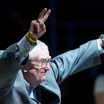 Mar 22, 2017; Salt Lake City, UT, USA; Former Utah Jazz president Frank Layden is introduced as part of a ceremony honoring the 20th anniversary of the franchise  s first Western Conference Championship during halftime against the New York Knicks at Vivint Smart Home Arena. The Jazz won 108-101. Mandatory Credit: Russ Isabella-Imagn Images