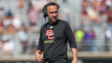 Sep 2, 2023; Chestnut Hill, Massachusetts, USA; Boston College Easgles head coach Jeff Hafley reacts