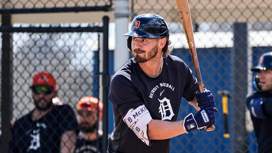 Detroit Tigers infielder Zach McKinstry bats at live batting practice during spring training at TigerTown in Lakeland, Fla. on Sunday, Feb. 15, 2026.
