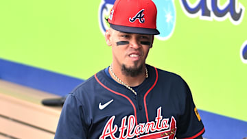 Mar 4, 2025; North Port, Florida, USA; Atlanta Braves shortstop Orlando Arcia (11) prepares for  the start of the game against the Minnesota Twins during spring training at CoolToday Park. Mandatory Credit: Jonathan Dyer-Imagn Images