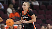 March 10, 2025; Las Vegas, NV, USA; Oregon State Beavers guard Kennedie Shuler (1) dribbles the basketball against the Gonzaga Bulldogs during the first half in the semifinal of the West Coast Conference tournament at Orleans Arena. Mandatory Credit: Kyle Terada-Imagn Images