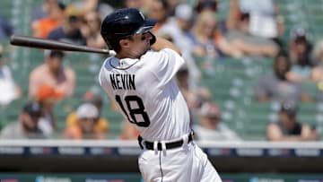 May 31, 2023; Detroit, Michigan, USA;  Detroit Tigers designated hitter Tyler Nevins (18) hits a ball during a game at Comerica Park