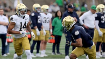 Notre Dame wide receiver Micah Gilbert (14) Saturday, April 20, 2024, at the annual Notre Dame Blue-Gold spring football game at Notre Dame Stadium in South Bend.