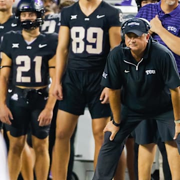 Sep 14, 2024; Fort Worth, Texas, USA; TCU Horned Frogs head coach Sonny Dykes looks on during the second quarter against the UCF Knights at Amon G. Carter Stadium. Mandatory Credit: Andrew Dieb-Imagn Images