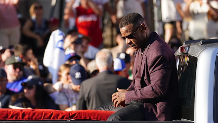 Jul 22, 2023; Cooperstown, NY, USA; Hall of Famer Rickey Henderson during the Parade of Legends. Mandatory Credit: Gregory Fisher-Imagn Images