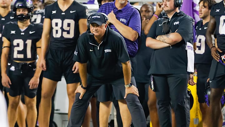 Sep 14, 2024; Fort Worth, Texas, USA; TCU Horned Frogs head coach Sonny Dykes looks on during the second quarter against the UCF Knights at Amon G. Carter Stadium. Mandatory Credit: Andrew Dieb-Imagn Images