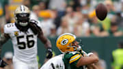 Green Bay Packers quarterback Jordan Love (10) is sacked by New Orleans Saints cornerback Alontae Taylor (1) in the second quarter during their football game Sunday, September 24, 2023, at Lambeau Field in Green Bay, Wis.