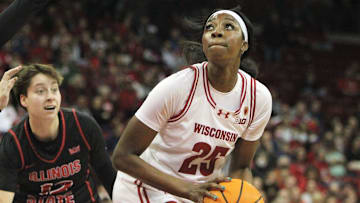 Wisconsin's Serah Williams (25) looks for her shot during a WNIT game at the Kohl Center in Madison, Wisconsin on Thursday March 28, 2024.