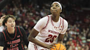 Wisconsin's Serah Williams (25) looks for her shot during a WNIT game at the Kohl Center in Madison, Wisconsin on Thursday March 28, 2024.