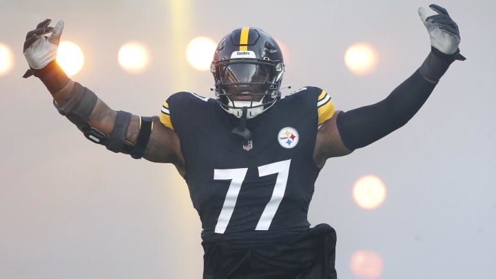 Aug 9, 2024; Pittsburgh, Pennsylvania, USA;  Pittsburgh Steelers offensive tackle Broderick Jones (77) reacts as he takes the field against the Houston Texans at Acrisure Stadium. Mandatory Credit: Charles LeClaire-USA TODAY Sports