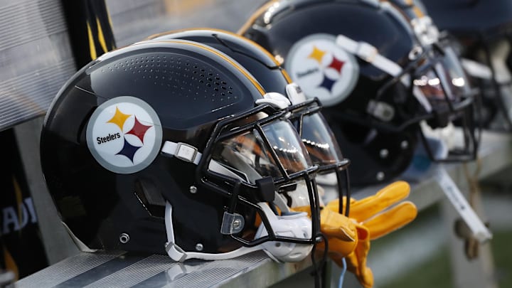 Aug 9, 2024; Pittsburgh, Pennsylvania, USA; Pittsburgh Steelers helmets on the bench during the game against the Houston Texans during the first quarter at Acrisure Stadium. Mandatory Credit: Charles LeClaire-Imagn Images