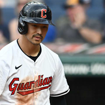 Aug 31, 2024; Cleveland, Ohio, USA; Cleveland Guardians left fielder Steven Kwan (38) reacts after striking out during the third inning against the Pittsburgh Pirates at Progressive Field. Mandatory Credit: Ken Blaze-Imagn Images