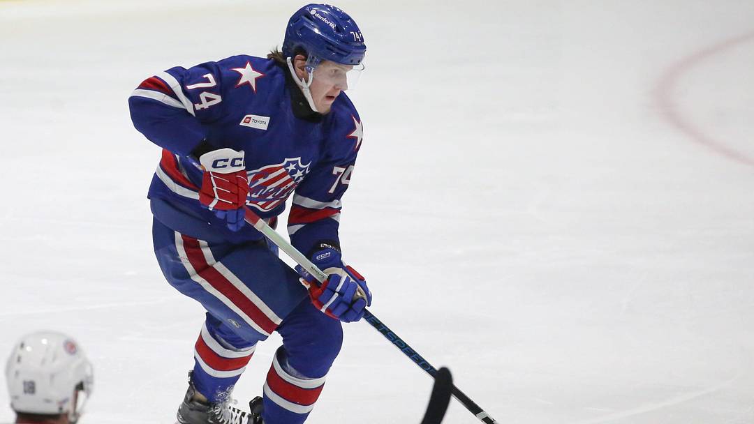 Buffalo Sabres defense prospect Nikita Novikov while playing for the AHL's Rochester Americans