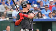 Mar 29, 2025; Kansas City, Missouri, USA; Cleveland Guardians right fielder Nolan Jones (22) at bat in the ninth inning against the Kansas City Royals at Kauffman Stadium. Mandatory Credit: Peter Aiken-Imagn Images