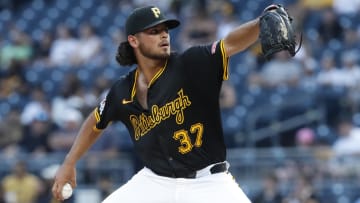 Jul 3, 2024; Pittsburgh, Pennsylvania, USA;  Pittsburgh Pirates starting pitcher Jared Jones (37) pitches against the St. Louis Cardinals during the fifth inning at PNC Park. Mandatory Credit: Charles LeClaire-USA TODAY Sports