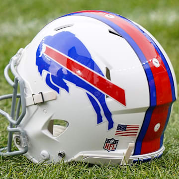 Dec 19, 2020; Denver, Colorado, USA; A general view of the  Buffalo Bills helmet before game against the Denver Broncos at Empower Field at Mile High. Mandatory Credit: Troy Babbitt-Imagn Images