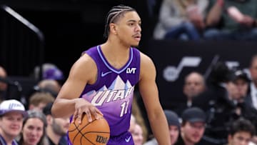 Mar 2, 2025; Salt Lake City, Utah, USA; Utah Jazz guard Jaden Springer (44) looks for a play against the New Orleans Pelicans during the second half at Delta Center. Mandatory Credit: Rob Gray-Imagn Images