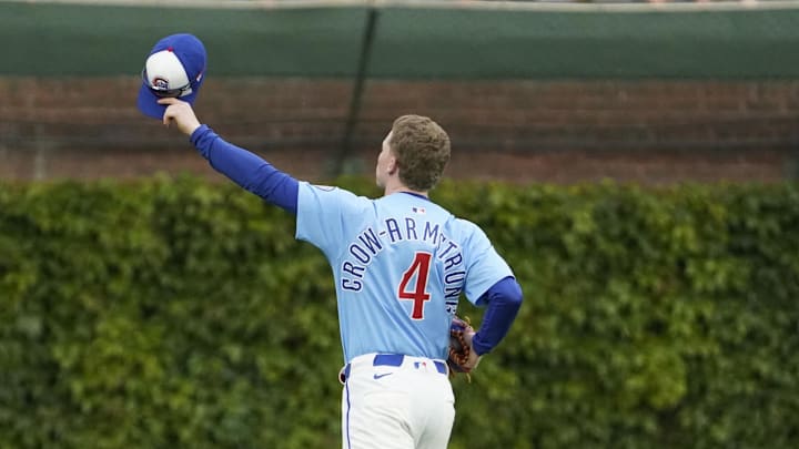 May 30, 2025; Chicago, Illinois, USA; Chicago Cubs outfielder Pete Crow-Armstrong (4) waves to the fans before the game against the Cincinnati Reds at Wrigley Field. May 30, 2025; Chicago, Illinois, USA; Chicago Cubs outfielder Pete Crow-Armstrong (4) waves to the fans before the game against the Cincinnati Reds at Wrigley Field.