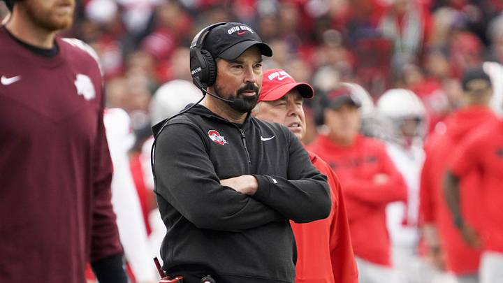 Nov 16, 2024; Chicago, Illinois, USA; Ohio State Buckeyes head coach Ryan Day looks on from the sideline against the Northwestern Wildcats during the first half at Wrigley Field. Mandatory Credit: David Banks-Imagn Images