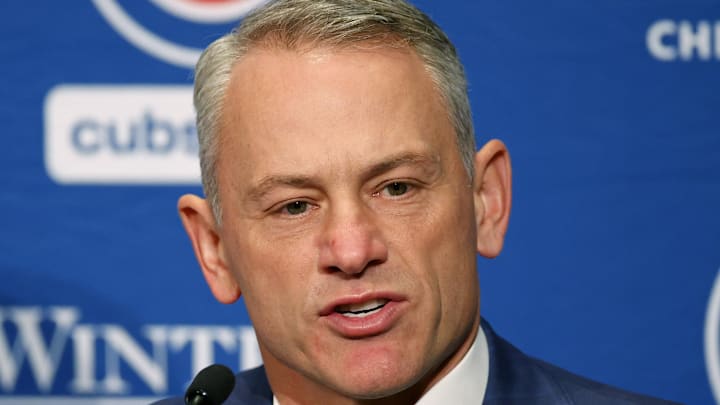 Chicago Cubs president of baseball operations Jed Hoyer talks to the media