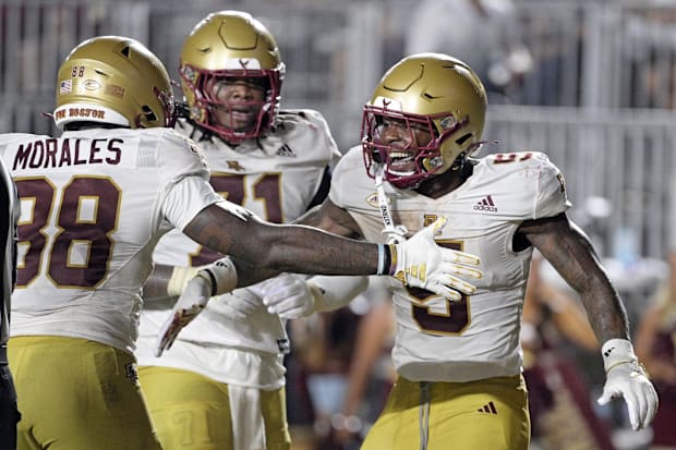 Boston College running back Kye Robichaux celebrates a touchdown against Florida State.