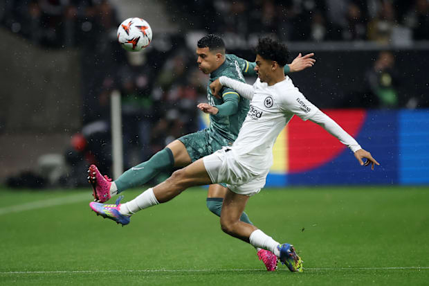 Nathaniel Brown challenges Pedro Porro during Frankfurt’s Europa League clash with Tottenham