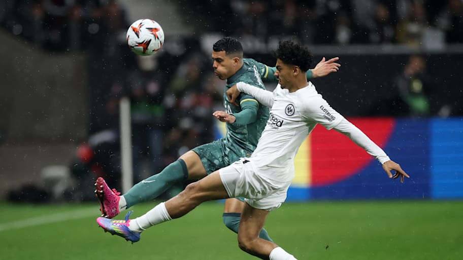Nathaniel Brown challenges Pedro Porro during Frankfurt’s Europa League clash with Tottenham