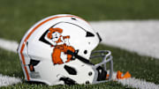 Oct 28, 2023; Stillwater, Oklahoma, USA; An Oklahoma State helmet is seen before a game between the Oklahoma State Cowboys and the Cincinnati Bearcats at Boone Pickens Stadium. Mandatory Credit: Bryan Terry-Imagn Images