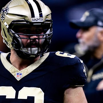 Sep 8, 2024; New Orleans, Louisiana, USA;  New Orleans Saints guard Lucas Patrick (62) against the Carolina Panthersduring the pregame at Caesars Superdome. Mandatory Credit: Stephen Lew-Imagn Images
