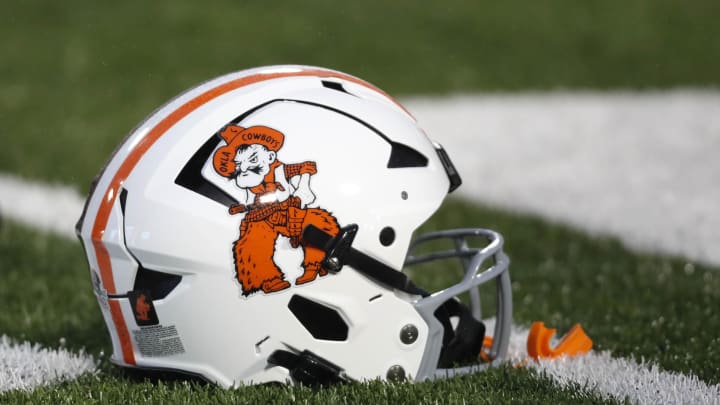 Oct 28, 2023; Stillwater, Oklahoma, USA; An Oklahoma State helmet is seen before a game between the Oklahoma State Cowboys and the Cincinnati Bearcats at Boone Pickens Stadium. Mandatory Credit: Bryan Terry-USA TODAY Sports