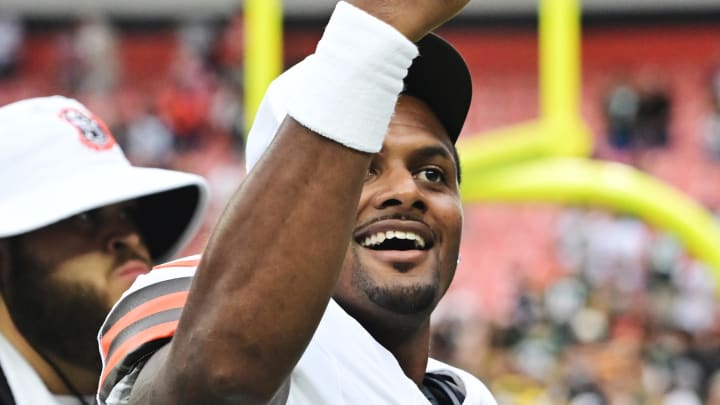 Aug 10, 2024; Cleveland, Ohio, USA; Cleveland Browns quarterback Deshaun Watson (4) acknowledges the crowd after the game against the Green Bay Packers at Cleveland Browns Stadium. Mandatory Credit: Ken Blaze-USA TODAY Sports