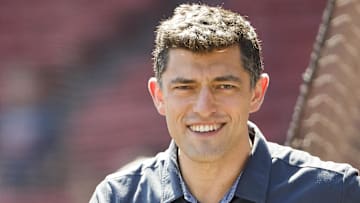 Aug 28, 2022; Boston, Massachusetts, USA; Chaim Bloom, Chief Baseball Officer of the Boston Red Sox on the field before the game between the Boston Red Sox and the Tampa Bay Rays at Fenway Park. Mandatory Credit: Winslow Townson-Imagn Images