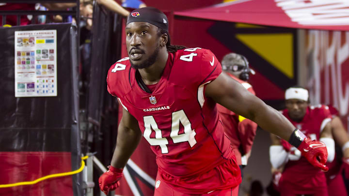 Dec 12, 2022; Glendale, Arizona, USA; Arizona Cardinals linebacker Markus Golden (44) against the New England Patriots at State Farm Stadium. Mandatory Credit: Mark J. Rebilas-Imagn Images