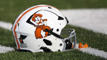 Oct 28, 2023; Stillwater, Oklahoma, USA; An Oklahoma State helmet is seen before a game between the Oklahoma State Cowboys and the Cincinnati Bearcats at Boone Pickens Stadium. Mandatory Credit: Bryan Terry-Imagn Images
