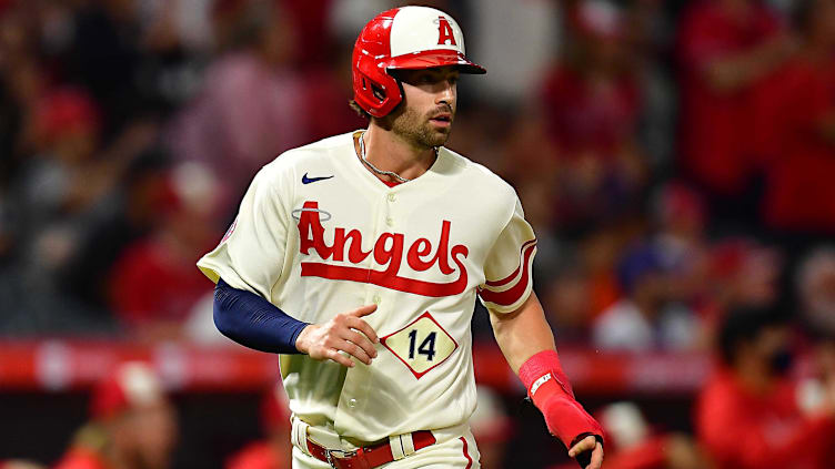 Jun 11, 2022; Anaheim, California, USA; Los Angeles Angels shortstop Tyler Wade (14) scores a run