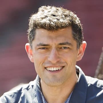 Aug 28, 2022; Boston, Massachusetts, USA; Chaim Bloom, Chief Baseball Officer of the Boston Red Sox on the field before the game between the Boston Red Sox and the Tampa Bay Rays at Fenway Park. Mandatory Credit: Winslow Townson-Imagn Images